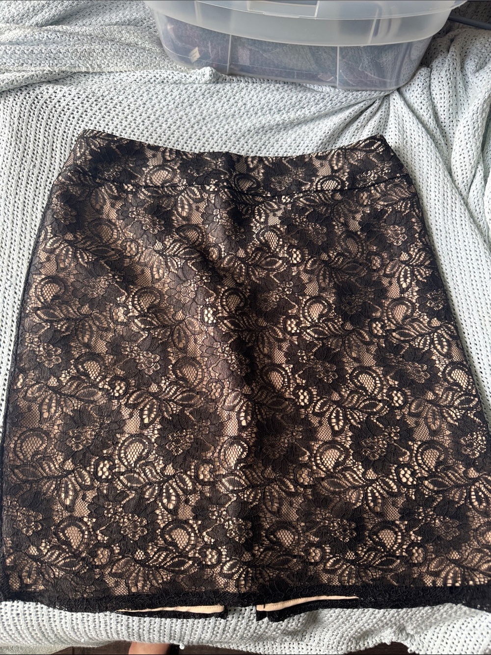 New York & Company Black Lace Overlay with Nude Underlay Mini Skirt